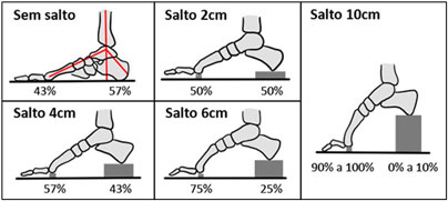 Imagem ilustrativa mostrando a relação do tamanho do salto e o ângulo da altura do calcanhar e metatarsos.