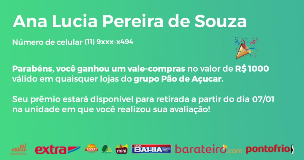 Imagem com os dados do vencedor do sorteio de janeiro.