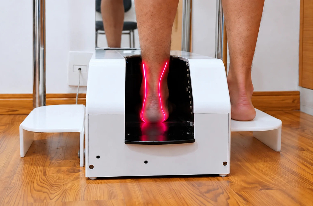 Pés de um cliente dentro do escâner 3D, com linhas de laser vermelhas sobre os calcanhares