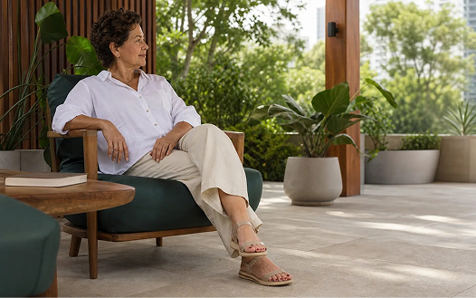 newhome_solucoes_conforto Mulher sentada em uma poltrona na varanda, de sandália, com as pernas cruzadas e relaxada